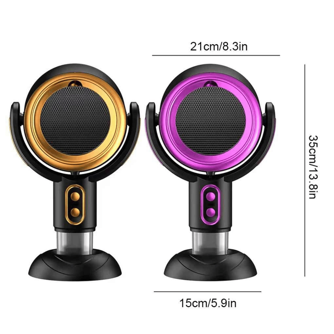 A compact and modern air purifier, the AirSphere Pro, with a black and orange color scheme, positioned on a wooden table beside citrus fruits, indicating its function of air purification.