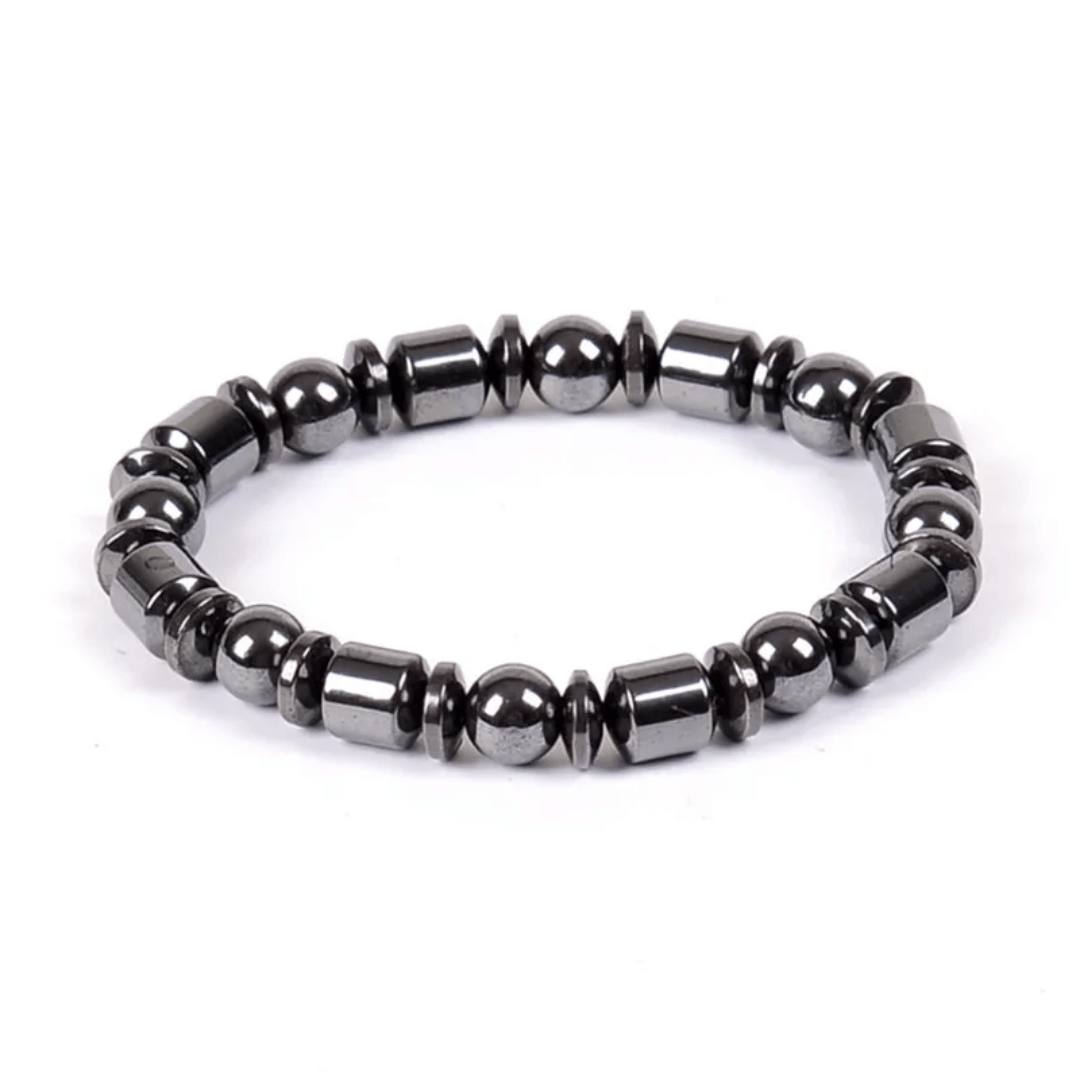 Close-up view of MetaBand hematite stone magnetic bracelet showing premium black stones and sleek design
