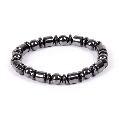 Close-up view of MetaBand hematite stone magnetic bracelet showing premium black stones and sleek design