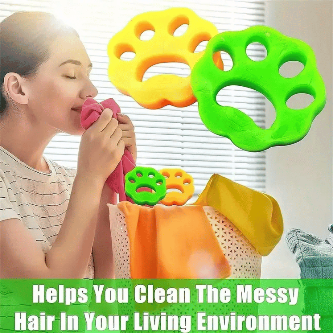 Woman using colorful paw-shaped hair cleaning tools with text overlay.