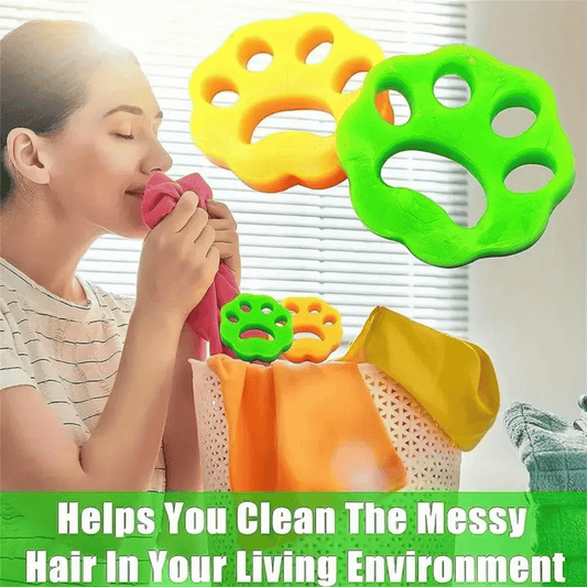 Woman using colorful paw-shaped hair cleaning tools with text overlay.