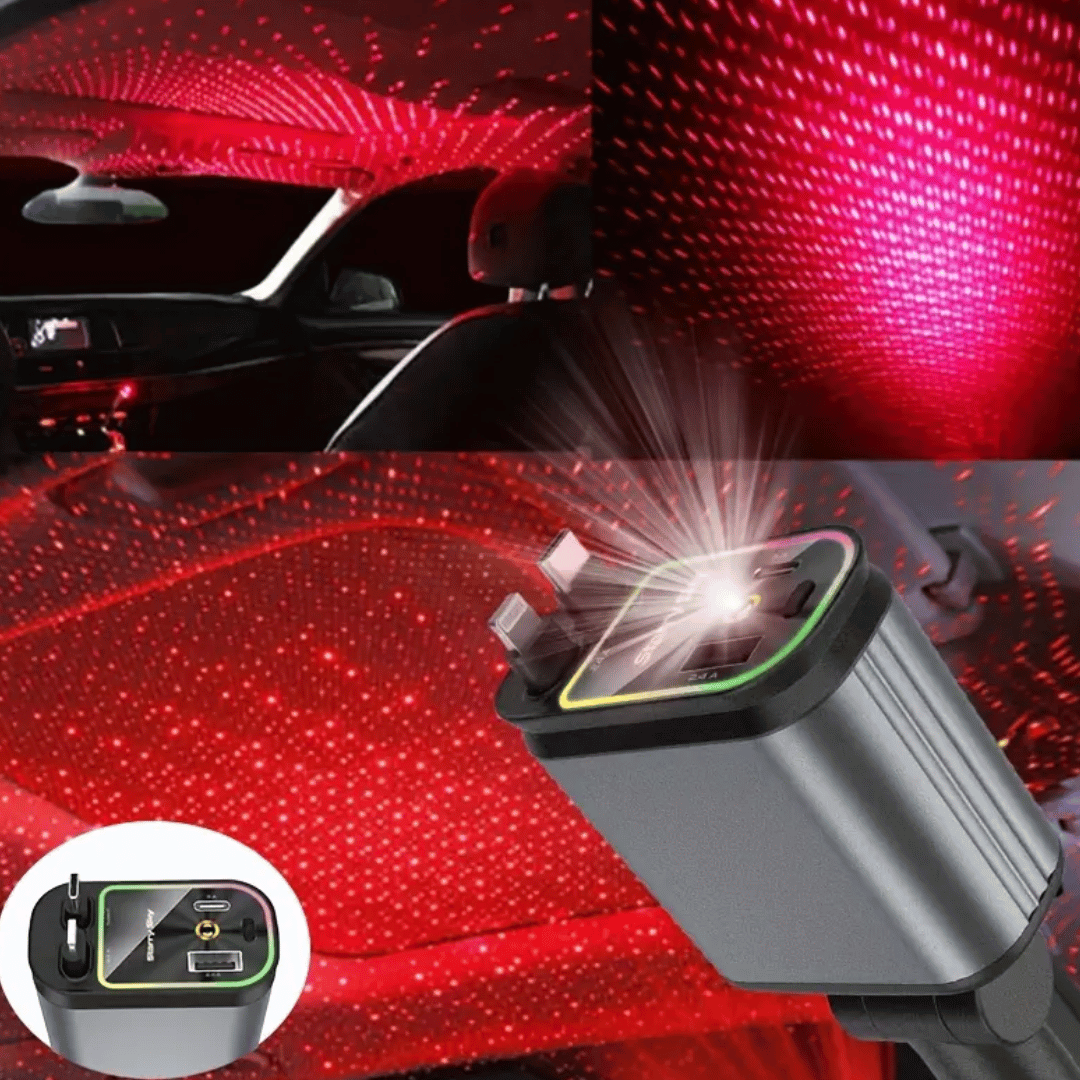 SkyFuse 4-in-1 car charger with 120W power output and LED starry sky design for multiple device charging