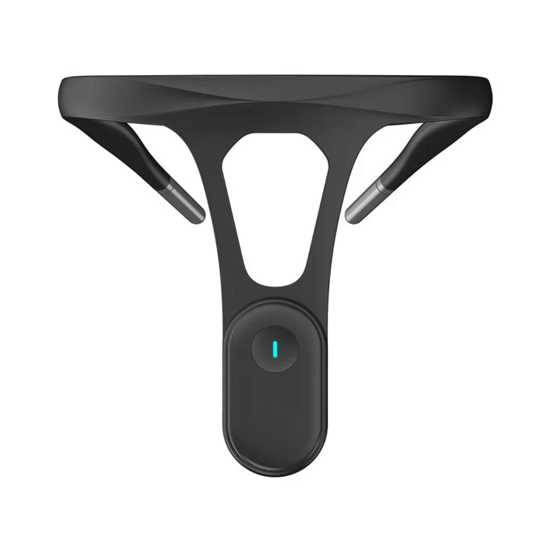 A posture corrector device worn around the neck and back, with a visible blue button, presumably for turning the device on or off.
