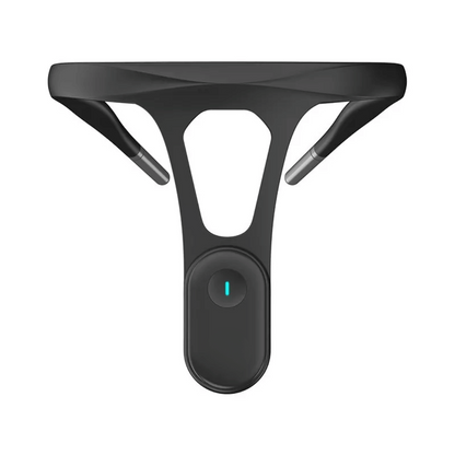 A posture corrector device worn around the neck and back, with a visible blue button, presumably for turning the device on or off.