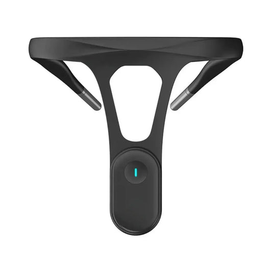 A posture corrector device worn around the neck and back, with a visible blue button, presumably for turning the device on or off.