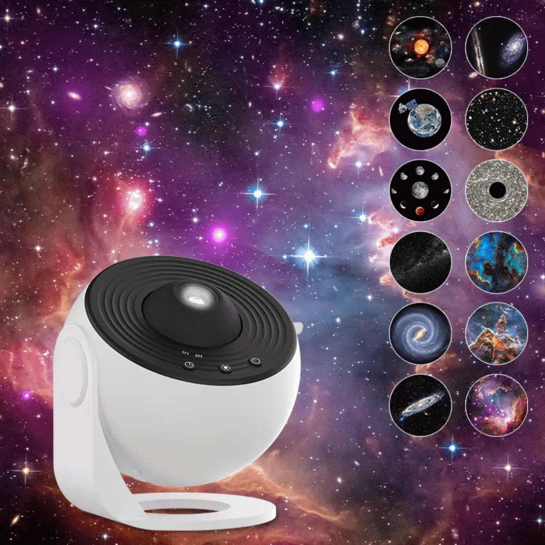 Star projector with celestial patterns on a space-themed background