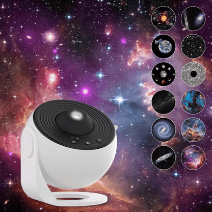 Star projector with celestial patterns on a space-themed background