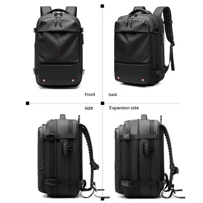 A collection of images showcasing a black TravelMaster Backpack with different views, highlighting its features such as multiple compartments, dedicated laptop section, and ergonomic design.