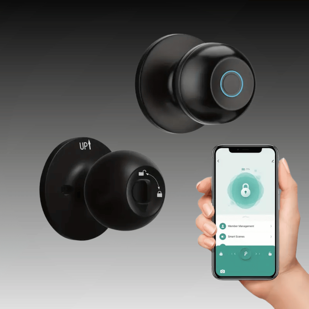 A smart lock with a black door knob appearance and a blue light ring around the central button. A hand is holding a smartphone with the lock's app being used to manage the lock settings.