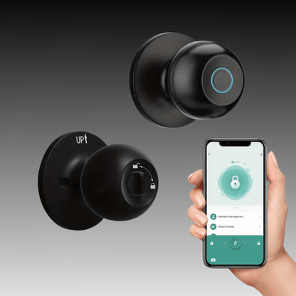 A smart lock with a black door knob appearance and a blue light ring around the central button. A hand is holding a smartphone with the lock's app being used to manage the lock settings.