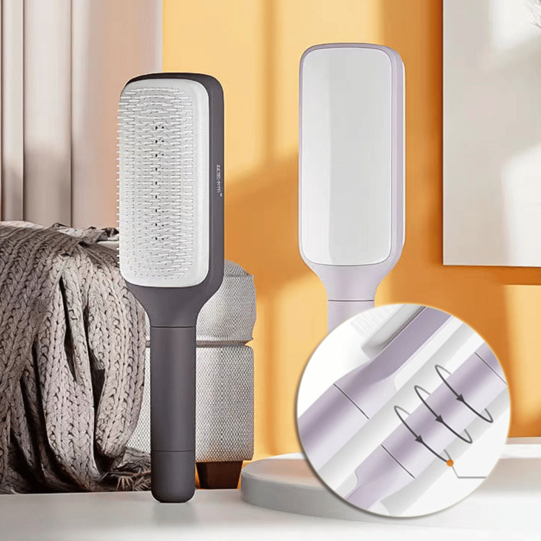 Close-up view of SilkyCare hairbrush bristles showing self-cleaning mechanism