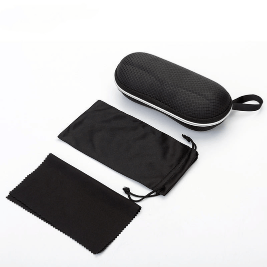 Black hard-shell travel case and drawstring pouch on a white background