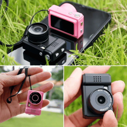 A collage of images showing a mini retro camera in pink and black colors. The camera is displayed in various positions, capturing its design and functionality.