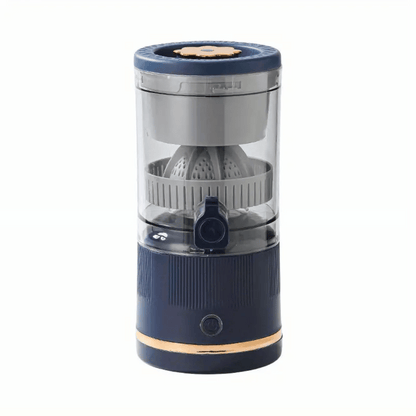 Navy blue and clear cylindrical kitchen appliance on a white background