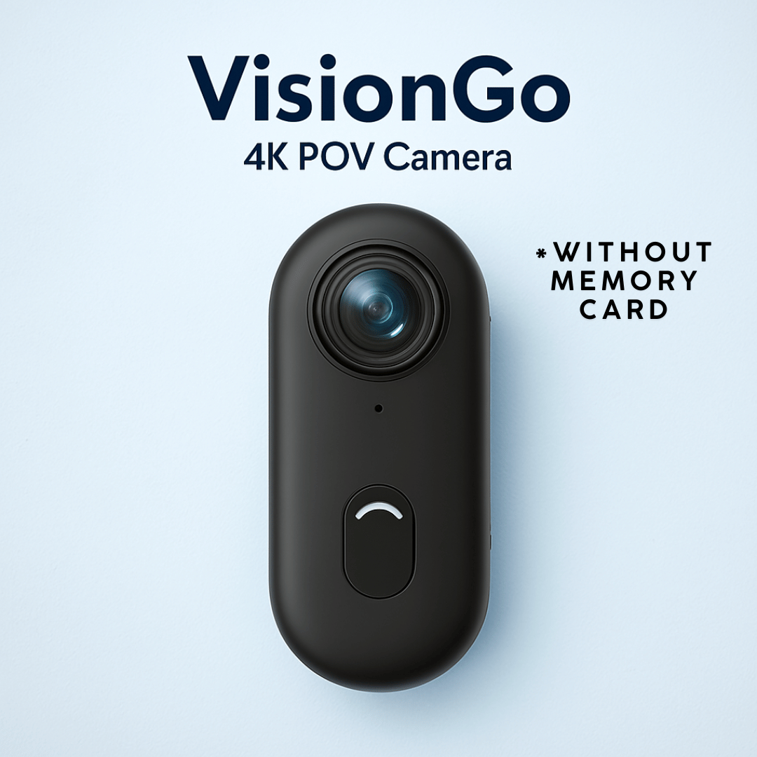 A 4K POV camera with a magnetic neck strap, long lanyard, and various mounting accessories, predominantly black in color.