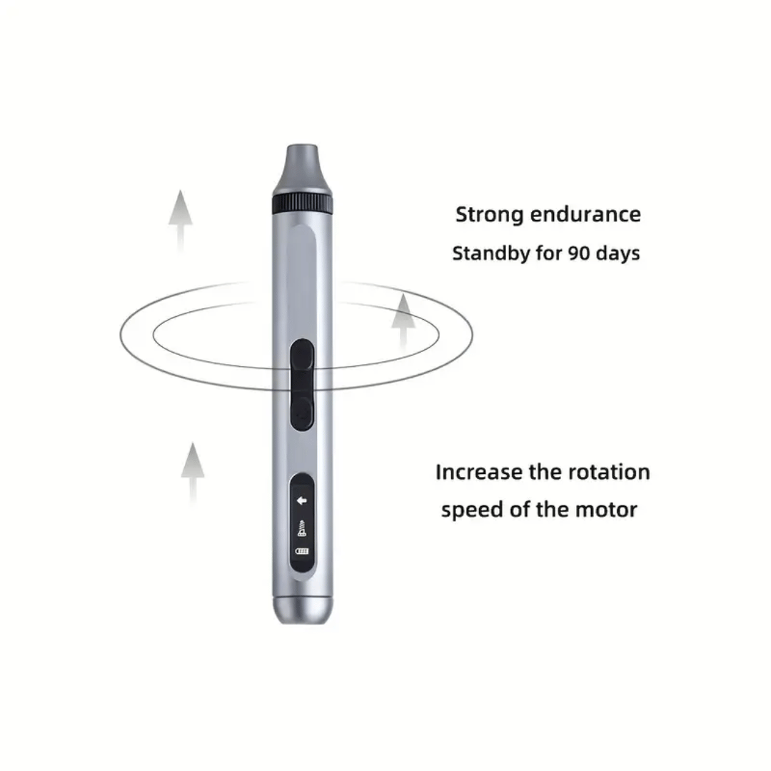 Silver electronic device with text on endurance and motor speed on a white background