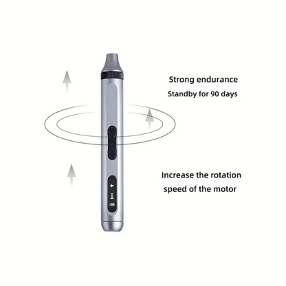 Silver electronic device with text on endurance and motor speed on a white background