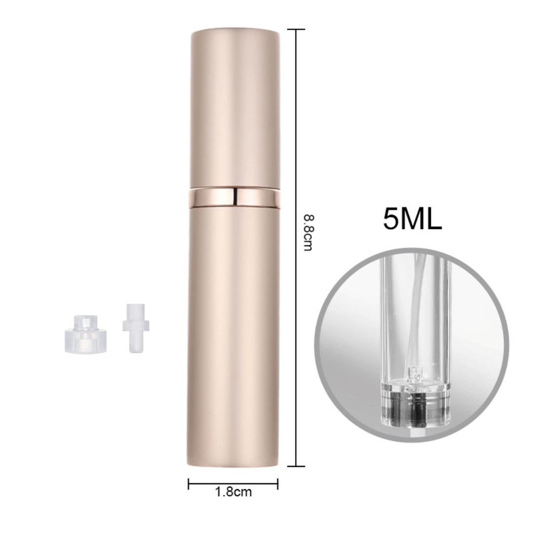 A hand holding a black travel-size perfume atomizer with a fine spray of perfume, highlighting the product's capability to spray without water drops.