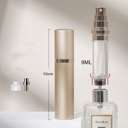 A hand holding a black travel-size perfume atomizer with a fine spray of perfume, highlighting the product's capability to spray without water drops.