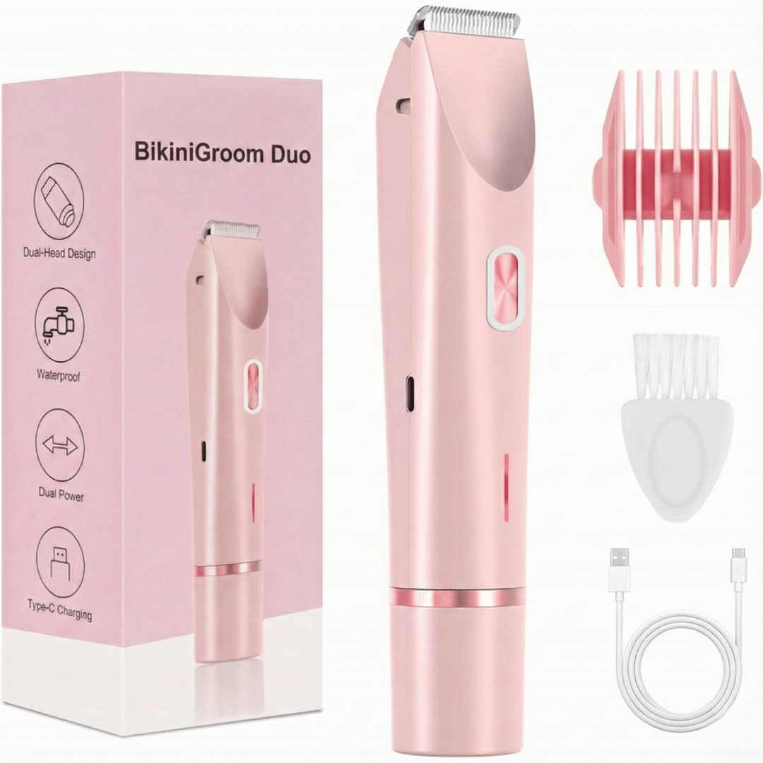 Pink bikini trimmer set with packaging, attachments, and charging cable on a white background