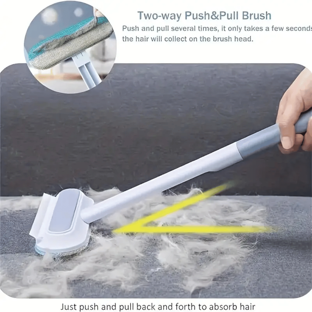 Two-way push and pull brush cleaning hair from a surface with text instructions.