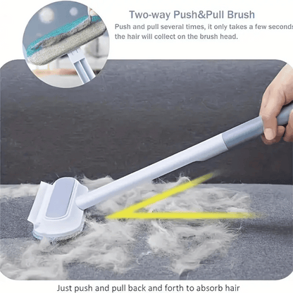 Two-way push and pull brush cleaning hair from a surface with text instructions.