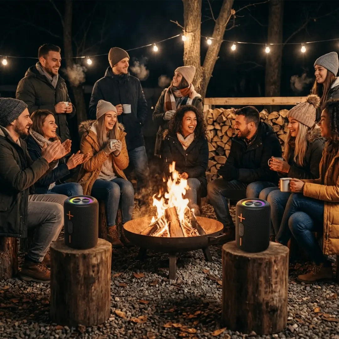 Group of people gathered around a campfire at night with string lights and speakers.