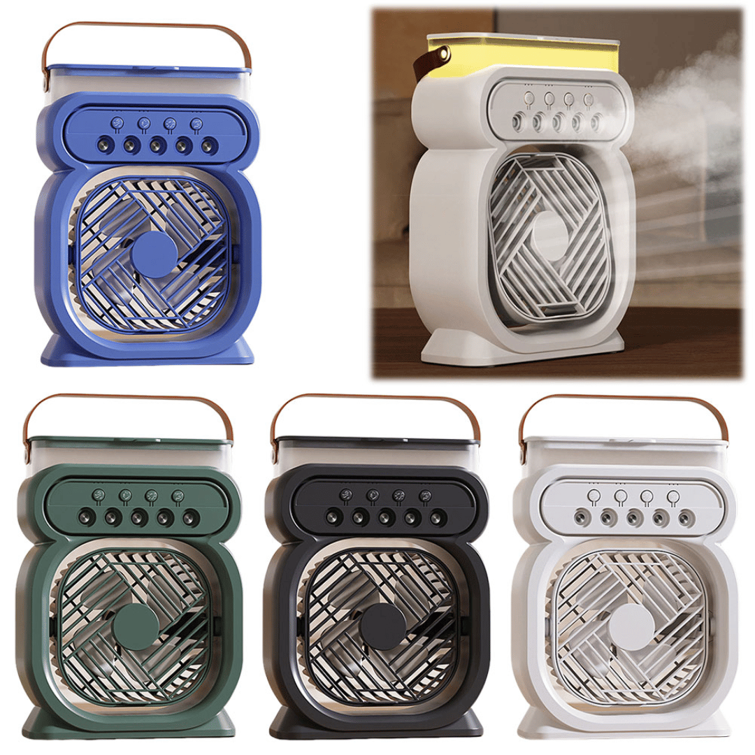 Collage of different colored fans with a humidifier in the corner.
