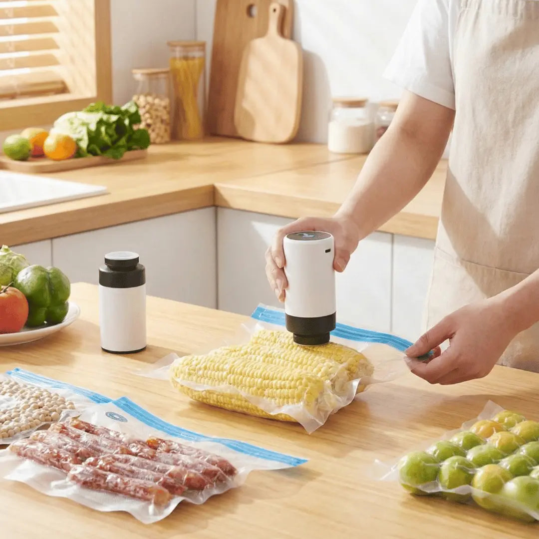 Person using a vacuum sealer on corn on a kitchen counter with fruits and vegetables.