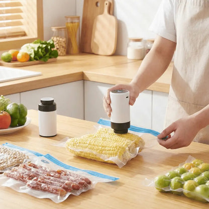 Person using a vacuum sealer on corn on a kitchen counter with fruits and vegetables.