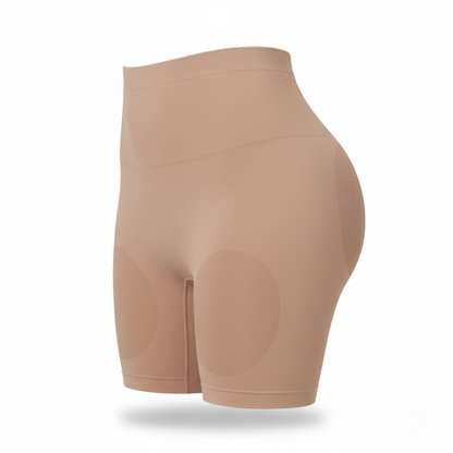Beige shapewear shorts on a white background