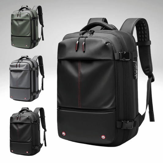 A collection of images showcasing a black TravelMaster Backpack with different views, highlighting its features such as multiple compartments, dedicated laptop section, and ergonomic design.