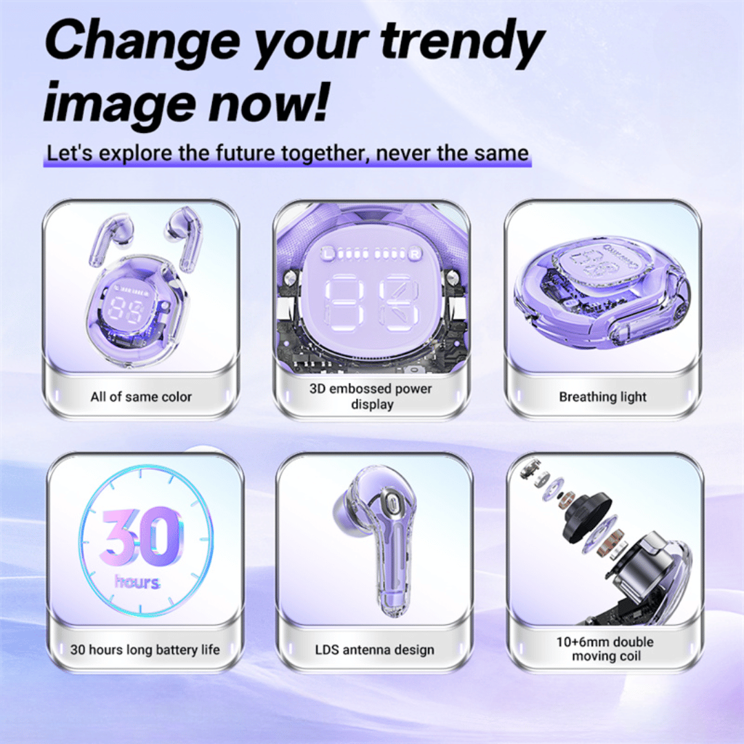Wireless earbuds with digital display on a light blue background