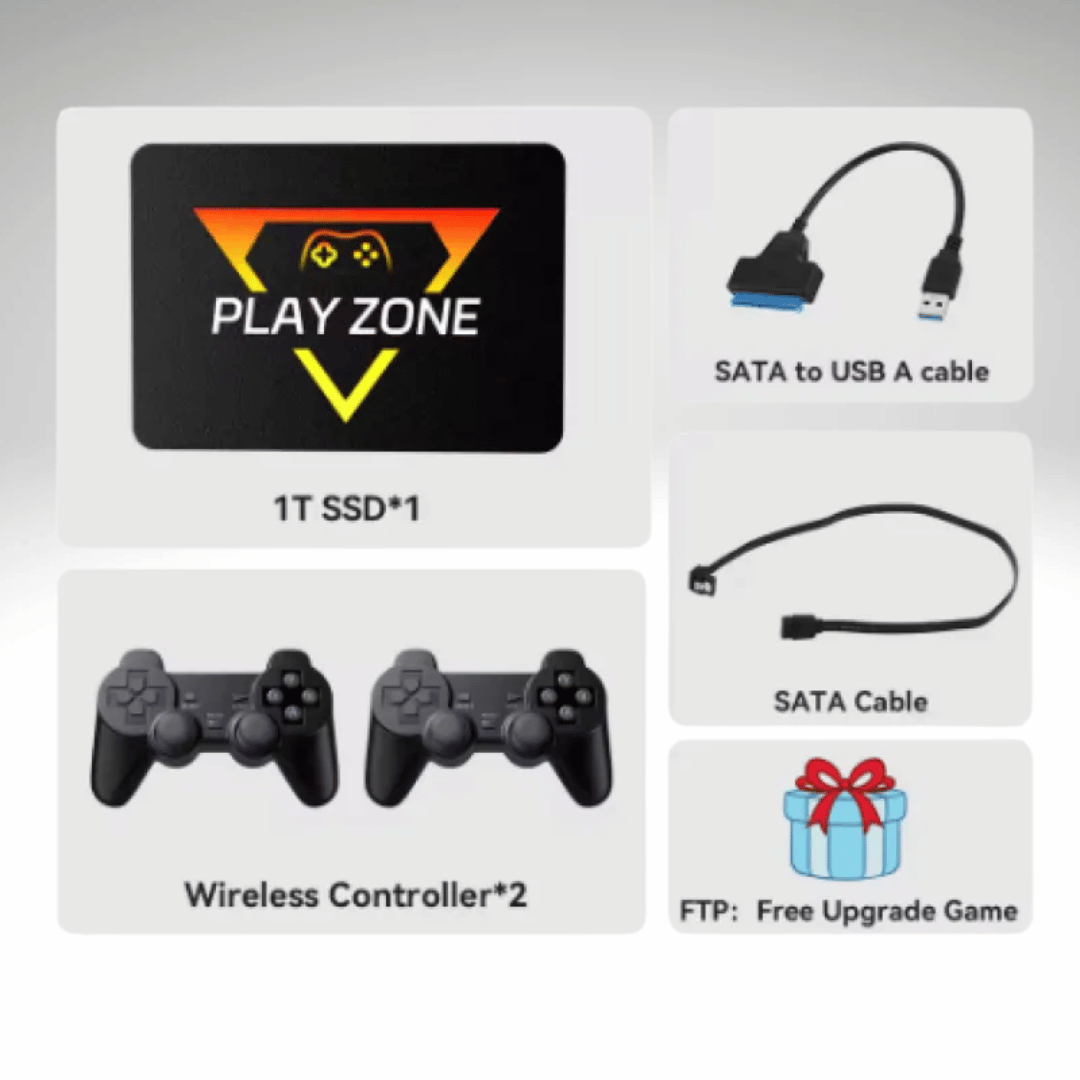 The image shows a promotional graphic for the GameZone, highlighting its features such as 1TB SATA SSD, 10Gbps, and compatibility with multiple operating systems. The graphic also mentions the inclusion of 16,191 games and plug-and-play functionality.