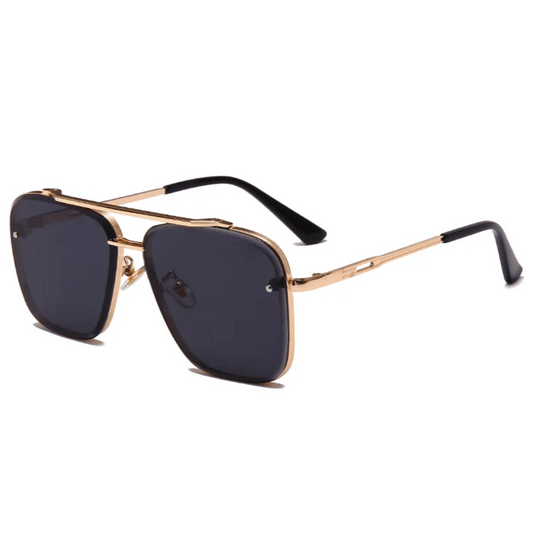 A pair of Enzo Bellucci retro sunglasses with a gold frame and dark lenses.