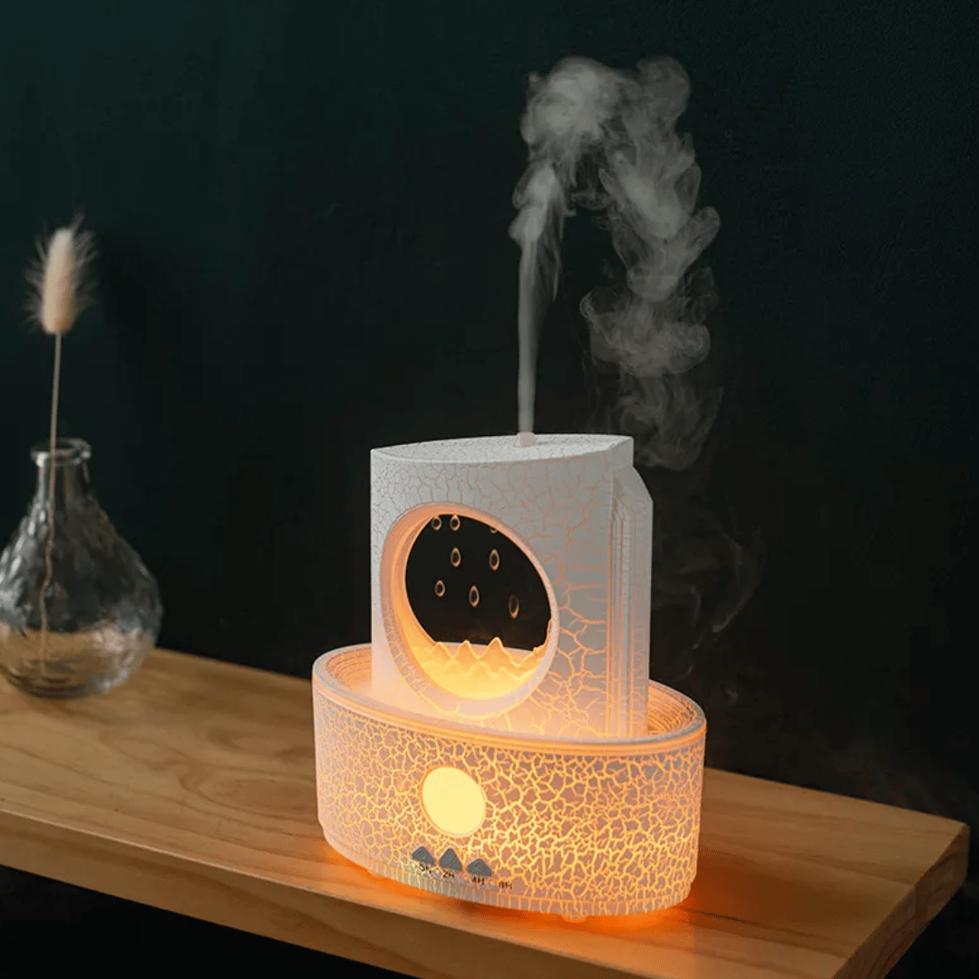 Decorative diffuser with smoke on a wooden surface against a dark background