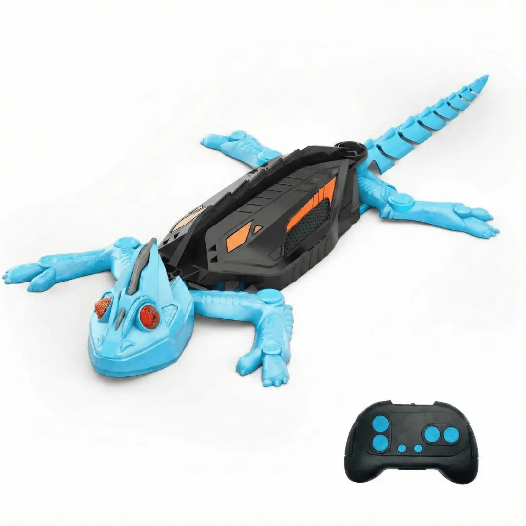 Toy robot lizard with blue body and black control device on a white background
