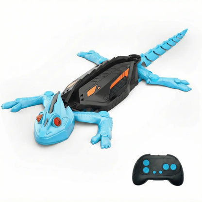 Toy robot lizard with blue body and black control device on a white background