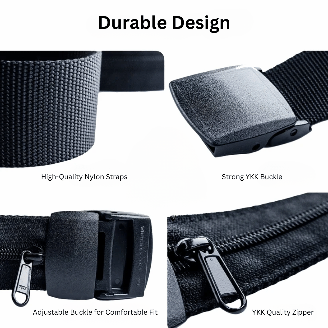 SecretBelt hidden pocket demonstration showing secure compartment for cash and cards - travel security belt