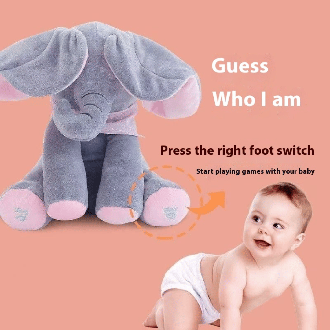Animated elephant plush toy - side view displaying soft gray fabric and musical features