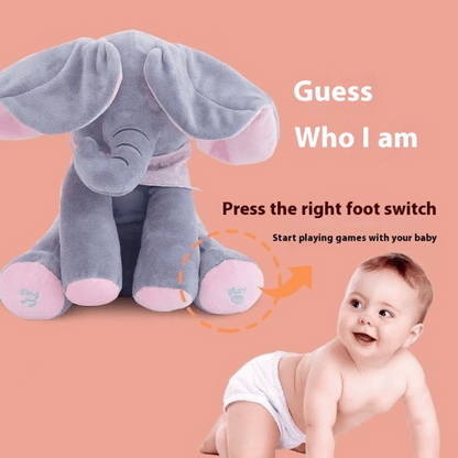 Animated elephant plush toy - side view displaying soft gray fabric and musical features