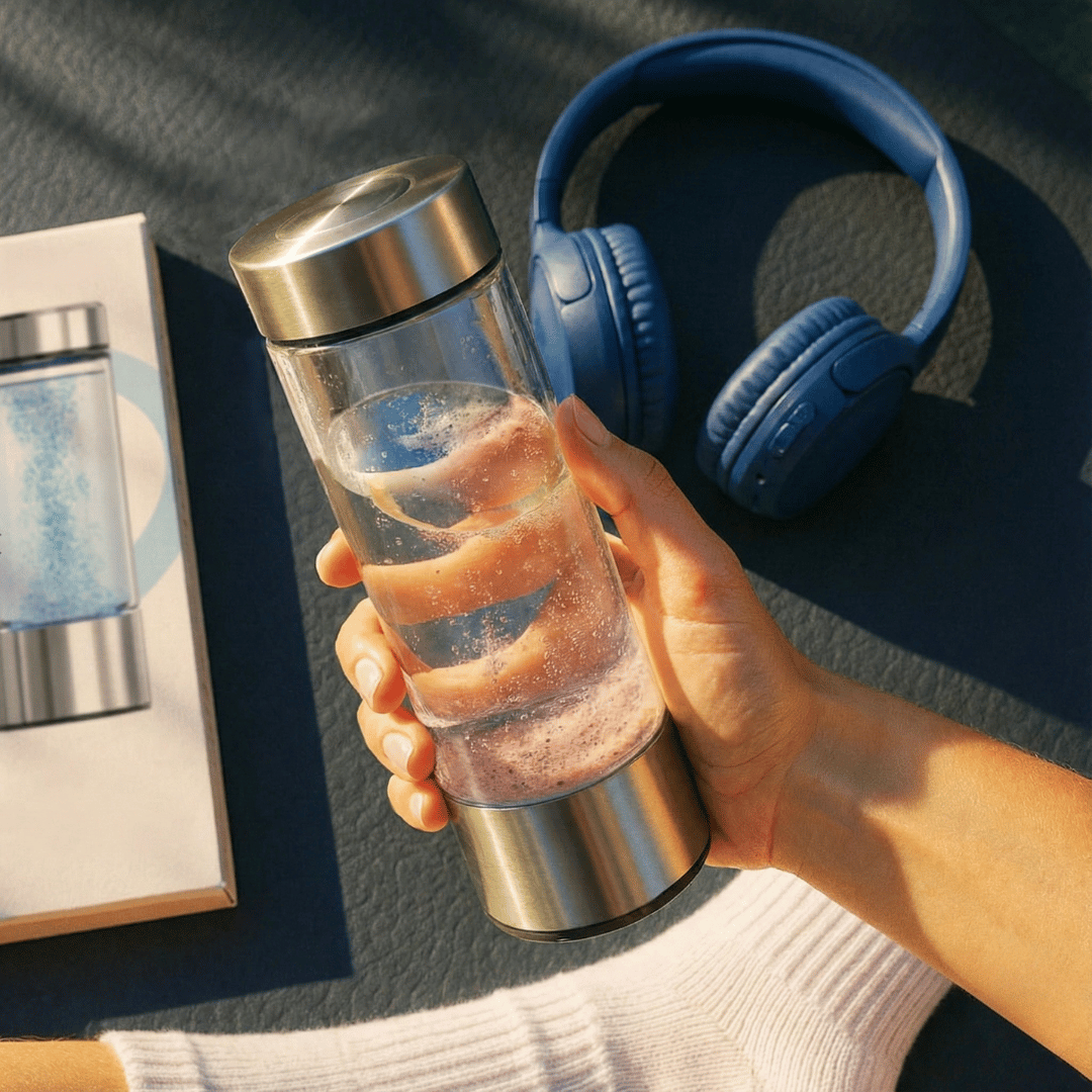 Hand holding a clear water bottle with a metal cap, blue headphones in the background