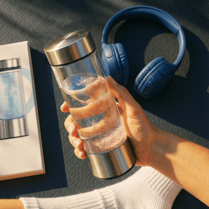 Hand holding a clear water bottle with a metal cap, blue headphones in the background