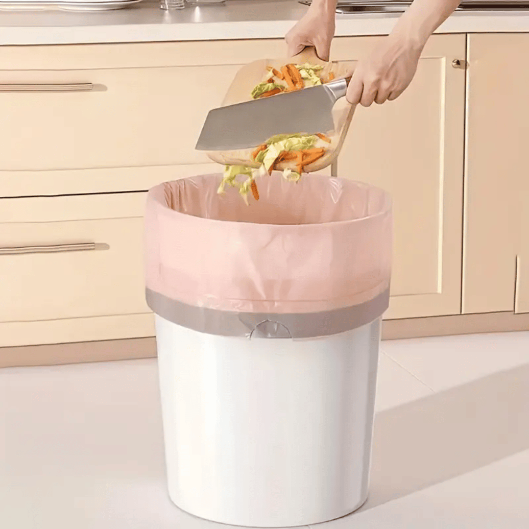 DormEase pink decorative trash bags adding stylish color to dorm room waste management