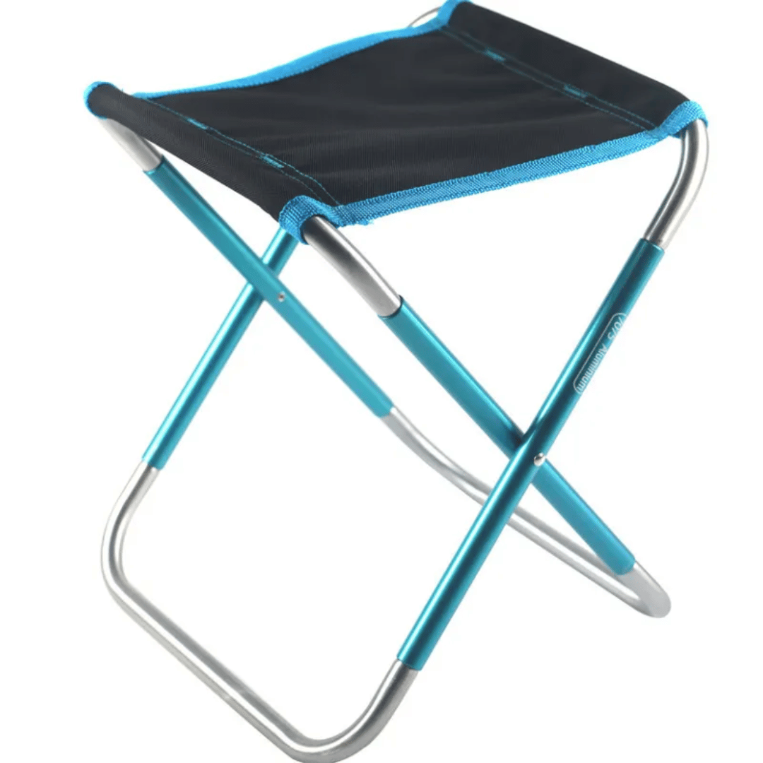 Blue and black folding stool on a white background