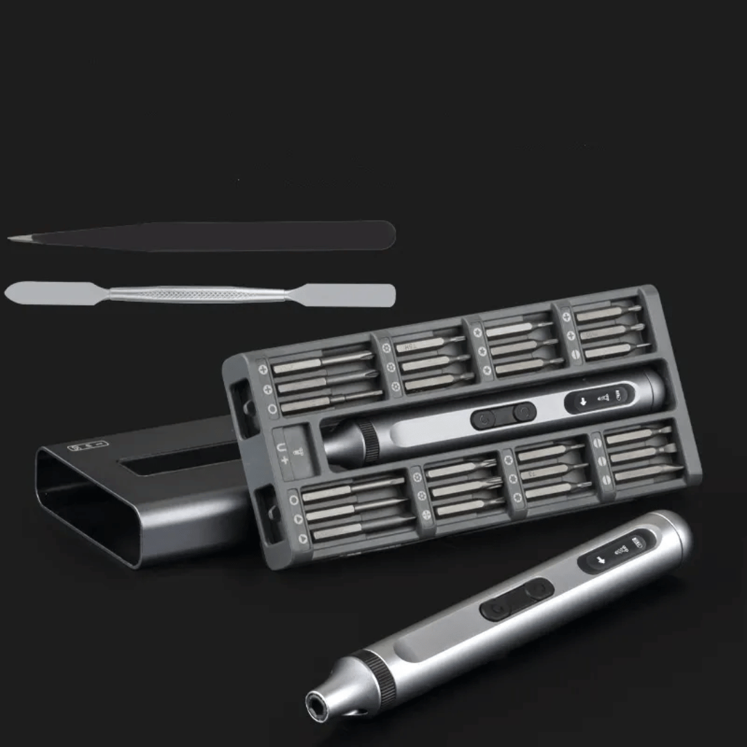 Set of precision tools including tweezers and screwdrivers on a black background