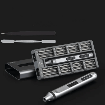 Set of precision tools including tweezers and screwdrivers on a black background
