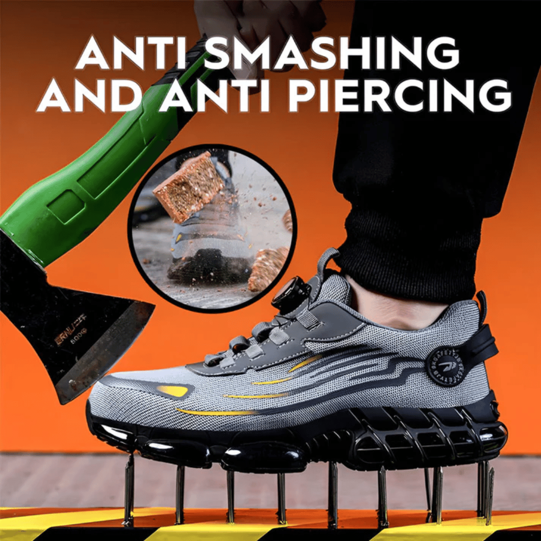 A pair of black safety sneakers designed for comfort, featuring a text overlay that reads 'BUILT FOR SAFETY, DESIGNED FOR COMFORT' and a graphic indicating 'Glass Breaker Proof'. There are also stars indicating a rating and a count of '12,345+ Happy Customers'.