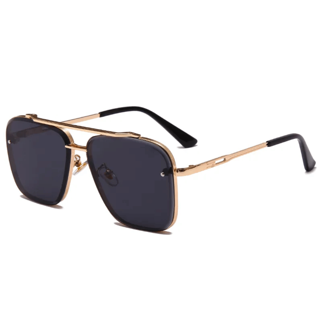 A pair of Enzo Bellucci retro sunglasses with a gold frame and dark lenses.
