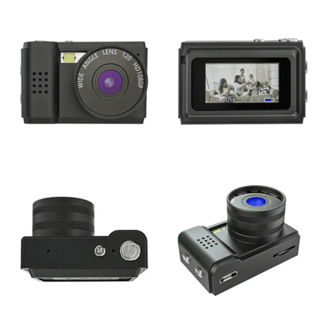 A collection of images showing a Mini Retro Camera from different angles, displaying its physical appearance and screen.